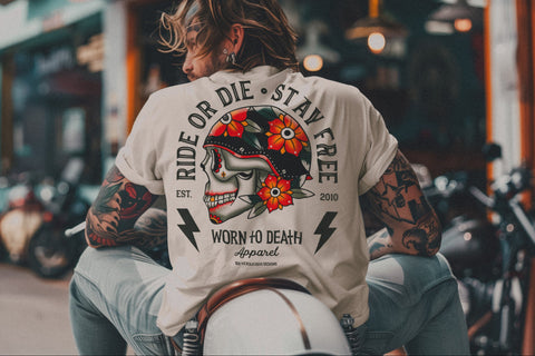 Ride Die | Ink & Blood Rose Biker Skull Tattoo | Front & Back Print Natural Raw T-shirt