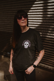 Cute & Creepy Gang | Dead Cute Sugar Skull Pink Cross & Rose | Back & front Print Grey T-shirt
