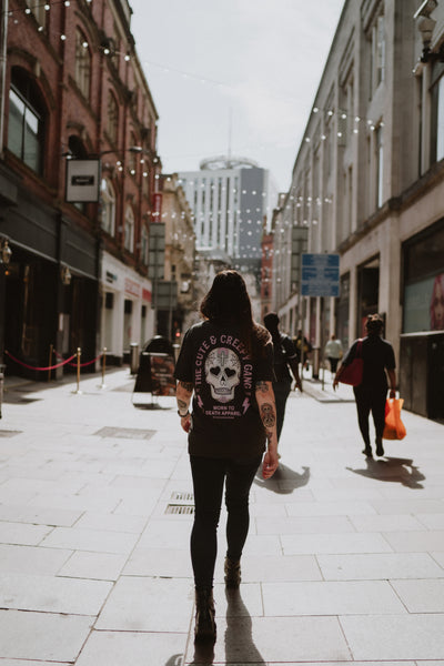 Cute & Creepy Gang | Dead Cute Sugar Skull Pink Cross & Rose | Back & front Print Grey T-shirt