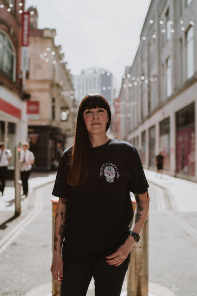 Dead Cute Sugar Skull | Daisy Eyes | Front & Back Print Navy T-shirt
