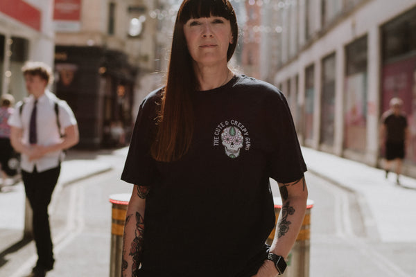 Dead Cute Sugar Skull | Daisy Eyes | Front & Back Print Navy T-shirt