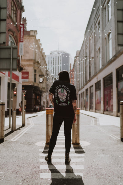 Dead Cute Sugar Skull | Daisy Eyes | Front & Back Print Navy T-shirt