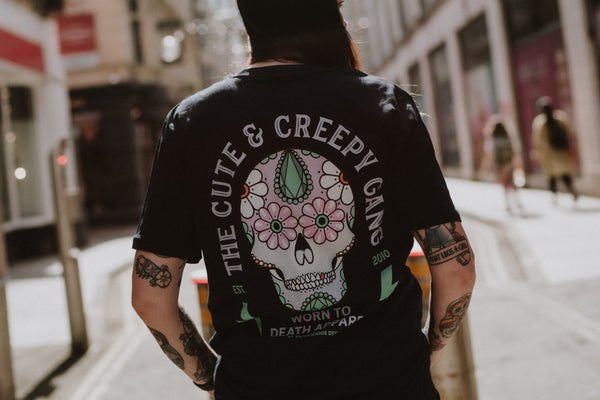 Dead Cute Sugar Skull | Daisy Eyes | Front & Back Print Navy T-shirt