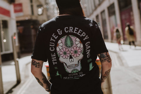 Dead Cute Sugar Skull | Daisy Eyes | Front & Back Print Navy T-shirt