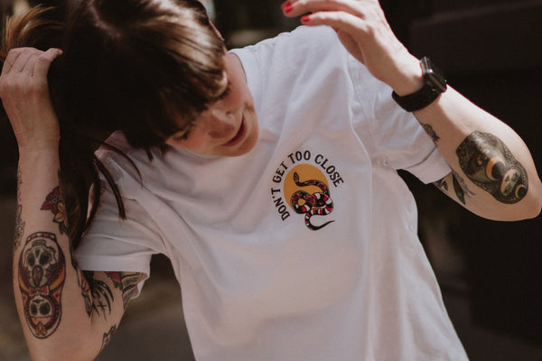 Don't Get Too Close | Ink & Blood Rose Snake Tattoo | Front & Back Print T-shirt