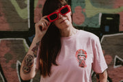 Kokeshi Flower Moon | Front & Back Print Pink T-shirt