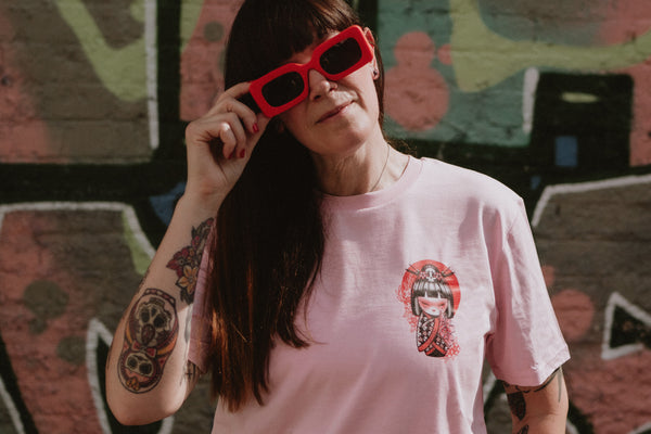 Kokeshi Flower Moon | Front & Back Print Pink T-shirt