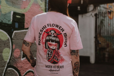 Kokeshi Flower Moon | Front & Back Print Pink T-shirt