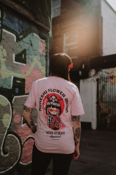 Kokeshi Flower Moon | Front & Back Print Pink T-shirt