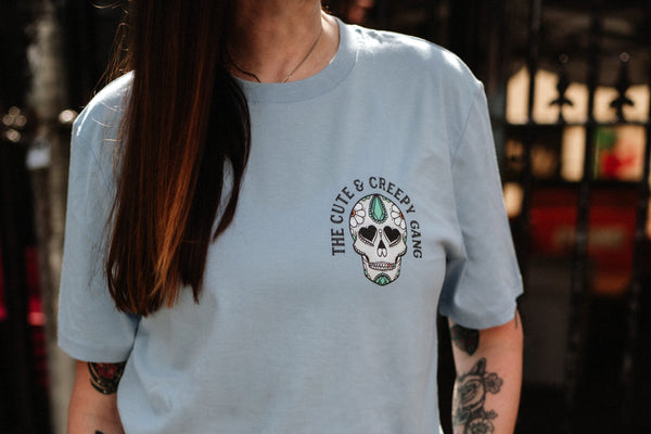 Cute Creepy Gang | Dead Cute Sugar Skull Ditsy Daisy | Front & Back Print Blue T-shirt