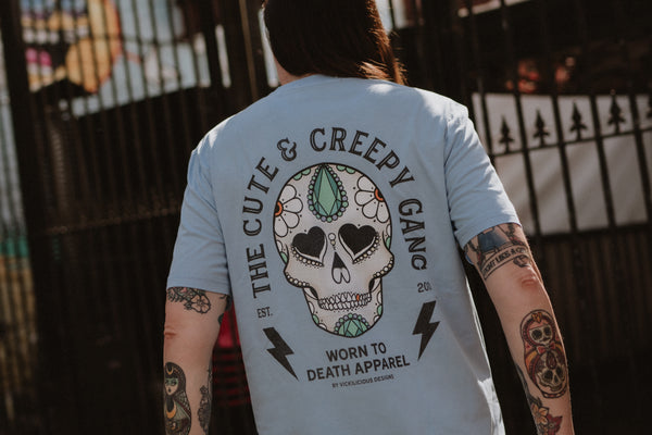 Cute Creepy Gang | Dead Cute Sugar Skull Ditsy Daisy | Front & Back Print Blue T-shirt
