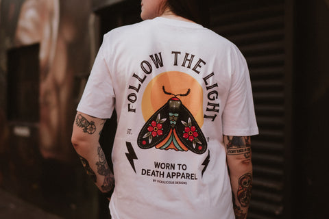 Follow The Light | Ink and Blood Rose Moth Tattoo Print | Front & Back T-shirt
