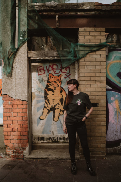 Cute & Creepy Gang | Make Your Own Luck Maneki Neko | Front & Back Print Grey T-shirt