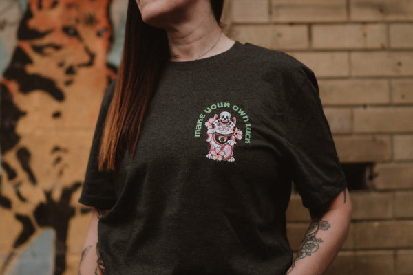 Cute & Creepy Gang | Make Your Own Luck Maneki Neko | Front & Back Print Grey T-shirt