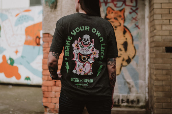 Cute & Creepy Gang | Make Your Own Luck Maneki Neko | Front & Back Print Grey T-shirt