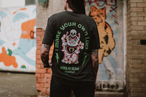 Cute & Creepy Gang | Make Your Own Luck Maneki Neko | Front & Back Print Grey T-shirt