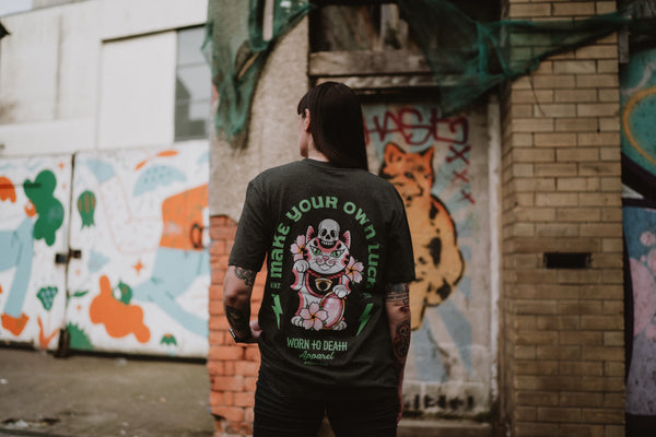 Cute & Creepy Gang | Make Your Own Luck Maneki Neko | Front & Back Print Grey T-shirt