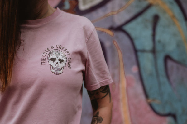 Cute & Creepy Gang Candy |  Dead Cute Sugar Skull Pink Cross | Front & Back Print Pink T-shirt
