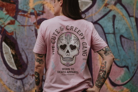 Cute & Creepy Gang Candy |  Dead Cute Sugar Skull Pink Cross | Front & Back Print Pink T-shirt