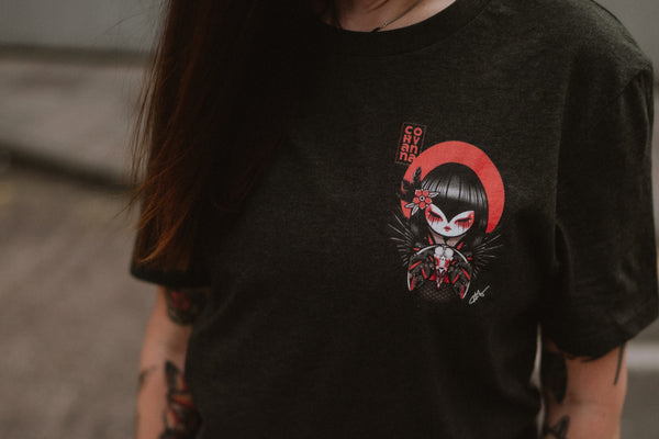 Corvanna Crow Moon Kokeshi Doll | Front & Back Print Grey T-shirt