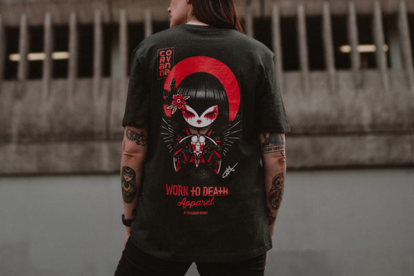 Corvanna Crow Moon Kokeshi Doll | Front & Back Print Grey T-shirt