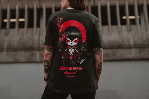 Corvanna Crow Moon Kokeshi Doll | Front & Back Print Grey T-shirt