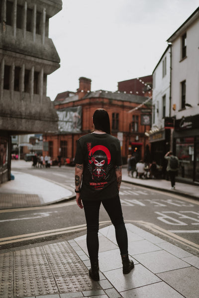 Corvanna Crow Moon Kokeshi Doll | Front & Back Print Grey T-shirt