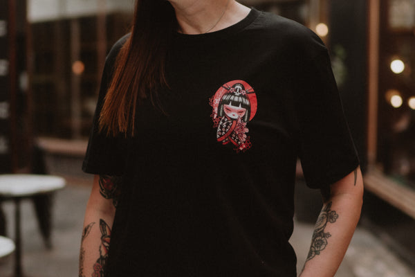 Kokeshi Flower Moon | Front & Back Print Black T-shirt