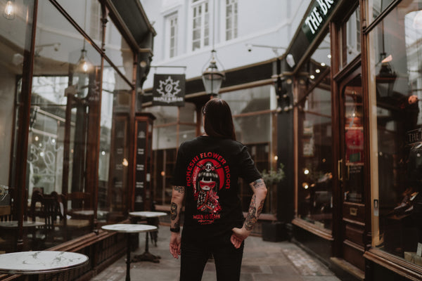 Kokeshi Flower Moon | Front & Back Print Black T-shirt