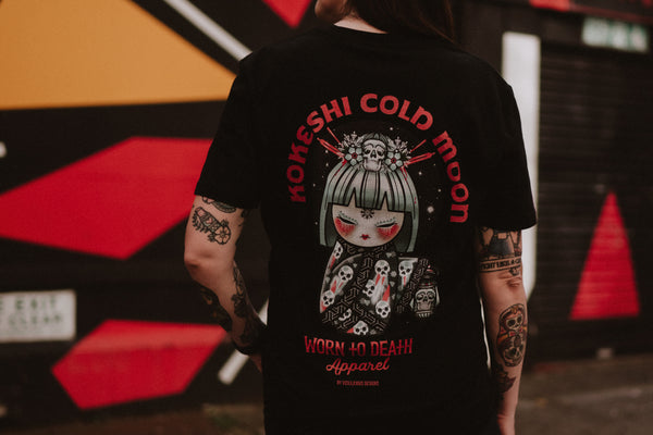 Kokeshi Cold Moon | Front & Back Print Black T-shirt