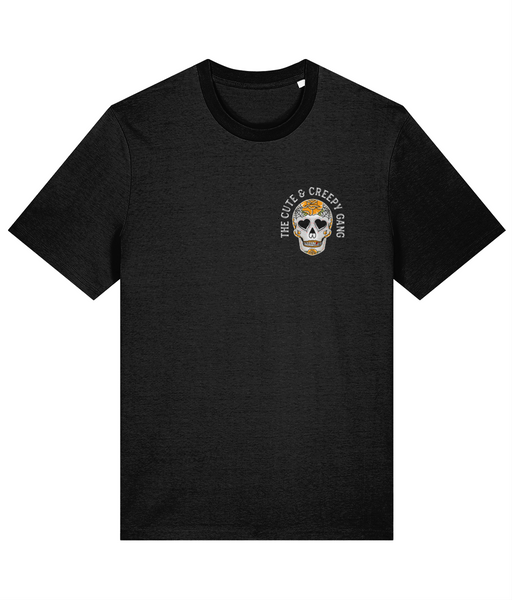 Cute & Creepy Gang - Yellow Rose Dead Cute Sugar Skull Black T-shirt - front and back print