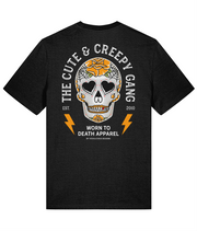 Cute & Creepy Gang - Yellow Rose Dead Cute Sugar Skull Black T-shirt - front and back print