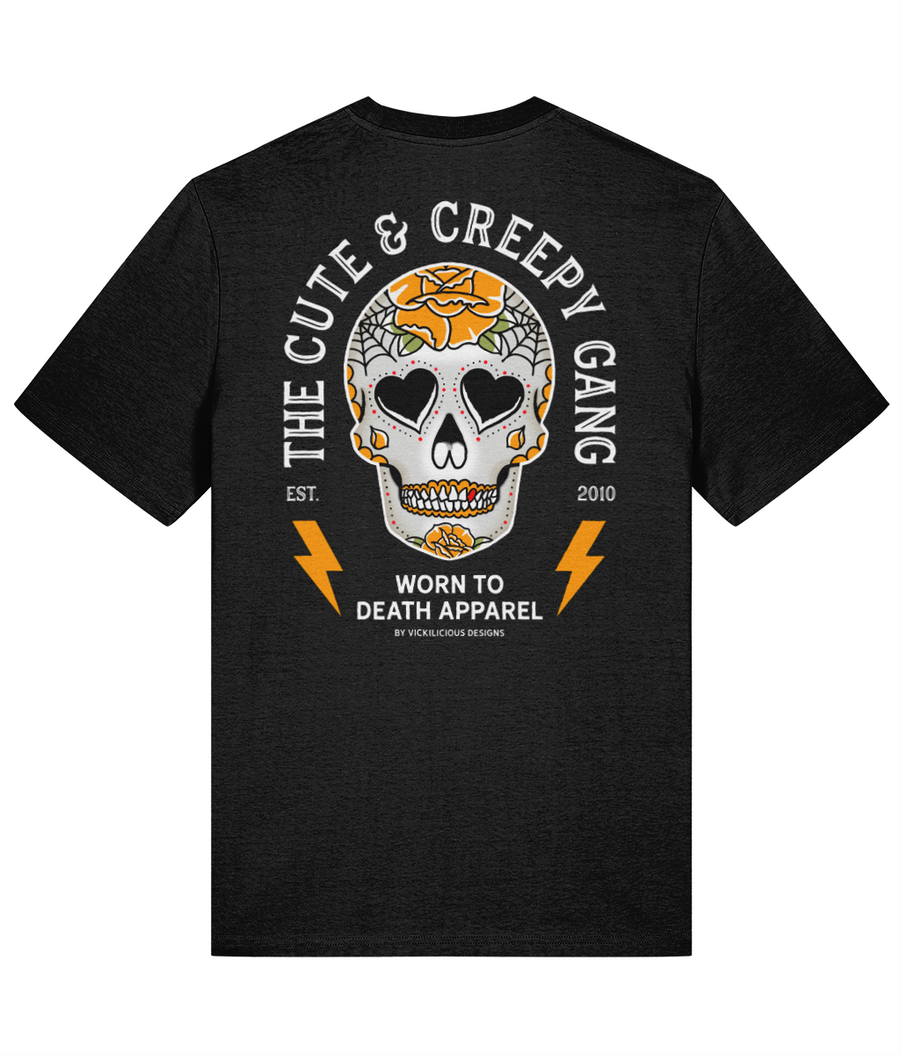 Cute & Creepy Gang - Yellow Rose Dead Cute Sugar Skull Black T-shirt - front and back print