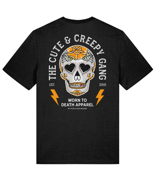 Cute & Creepy Gang - Yellow Rose Dead Cute Sugar Skull Black T-shirt - front and back print