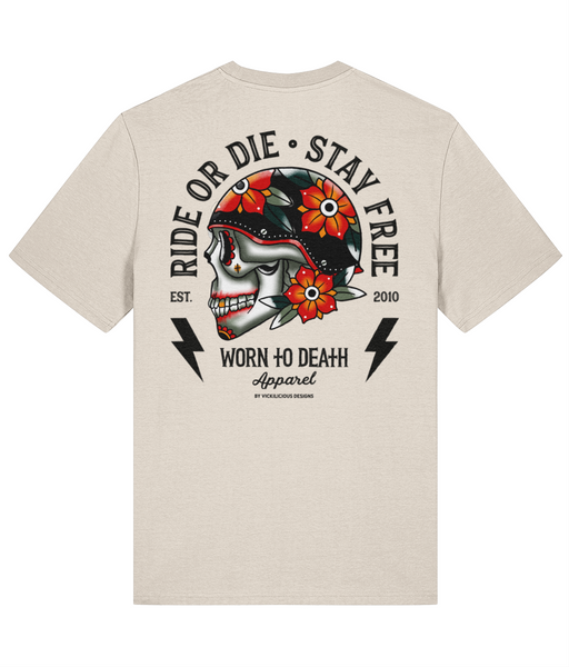 Ride Die | Ink & Blood Rose Biker Skull Tattoo | Front & Back Print Natural Raw T-shirt