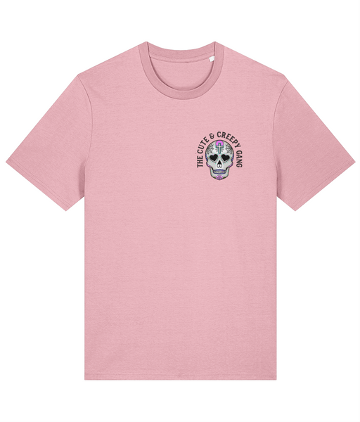Cute & Creepy Gang Candy |  Dead Cute Sugar Skull Pink Cross | Front & Back Print Pink T-shirt