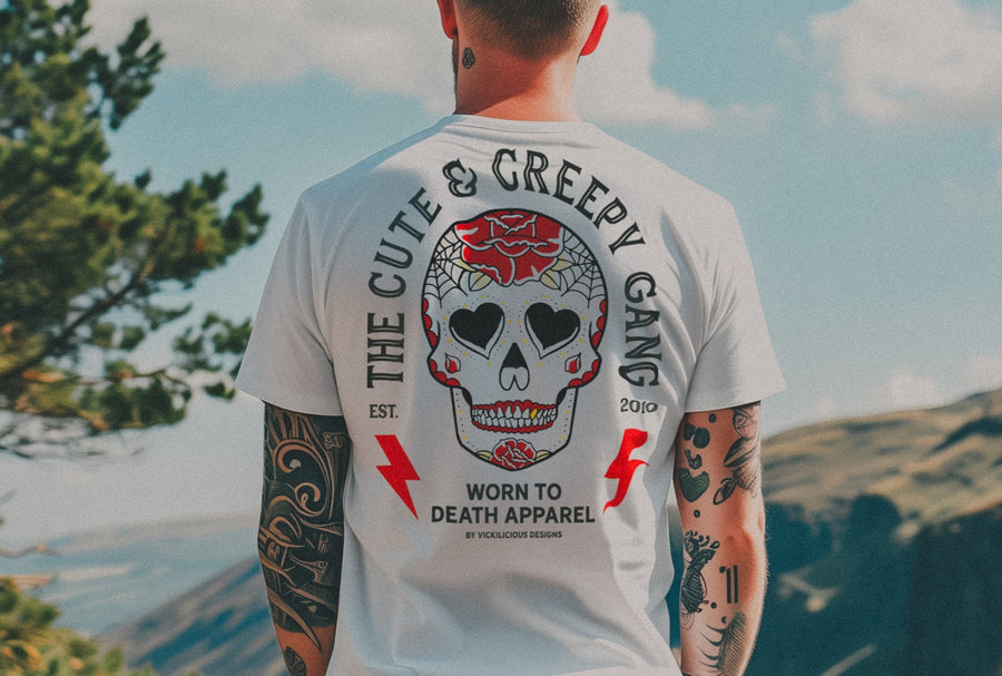 Cute Creepy Gang | Dead Cute Sugar Skull Red Rose | Front & Back Print White T-shirt