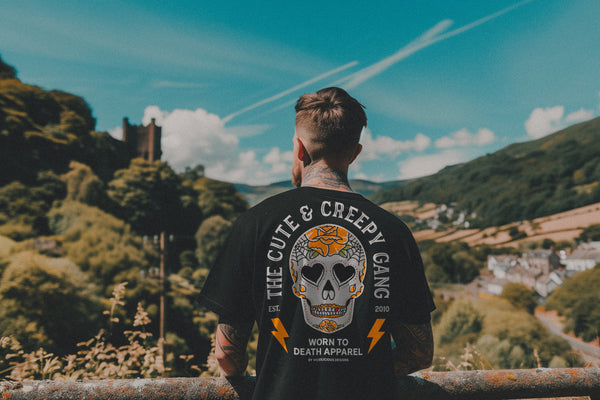 Cute & Creepy Gang|  Dead Cute Sugar Skull Yellow Rose Front and Back Print T-shirt