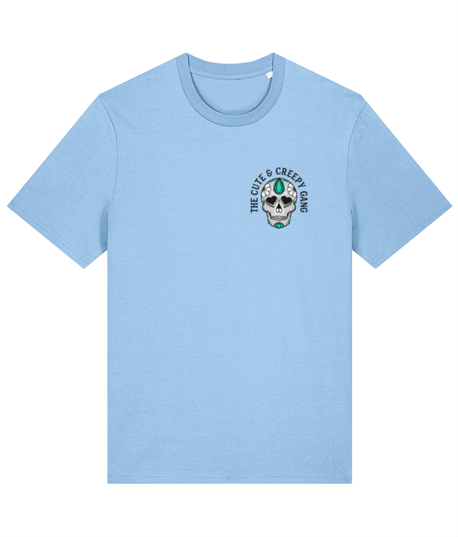 Cute Creepy Gang | Dead Cute Sugar Skull Ditsy Daisy | Front & Back Print Blue T-shirt