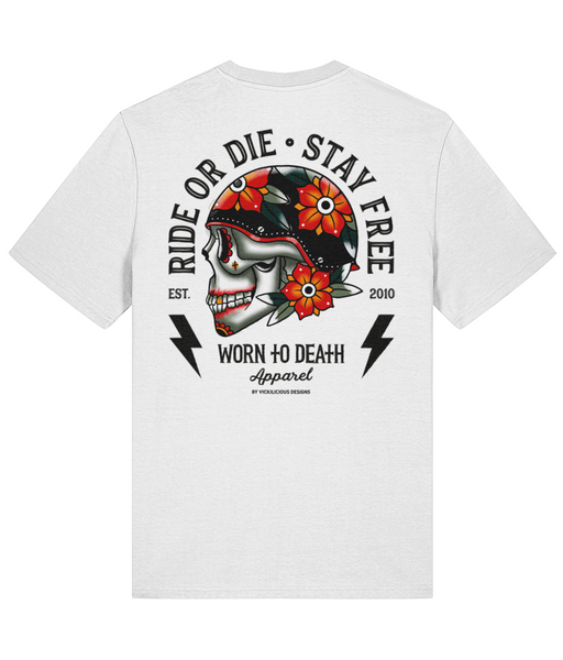 Ride Die | Ink & Blood Rose Biker Skull Tattoo | Front & Back Print White T-shirt