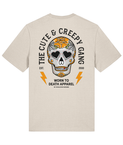 Cute & Creepy Gang Yellow Rose Dead Cute Sugar Skull T-shirt - front and back print