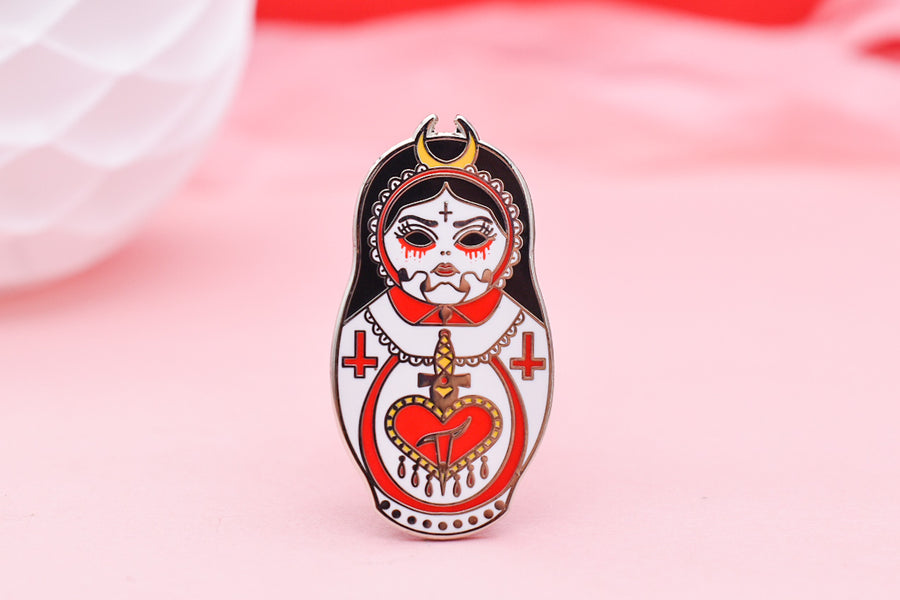 (S)aint Psycho | Cute & Creepy Demon Choir Girl Russian Doll Hard Enamel Pin