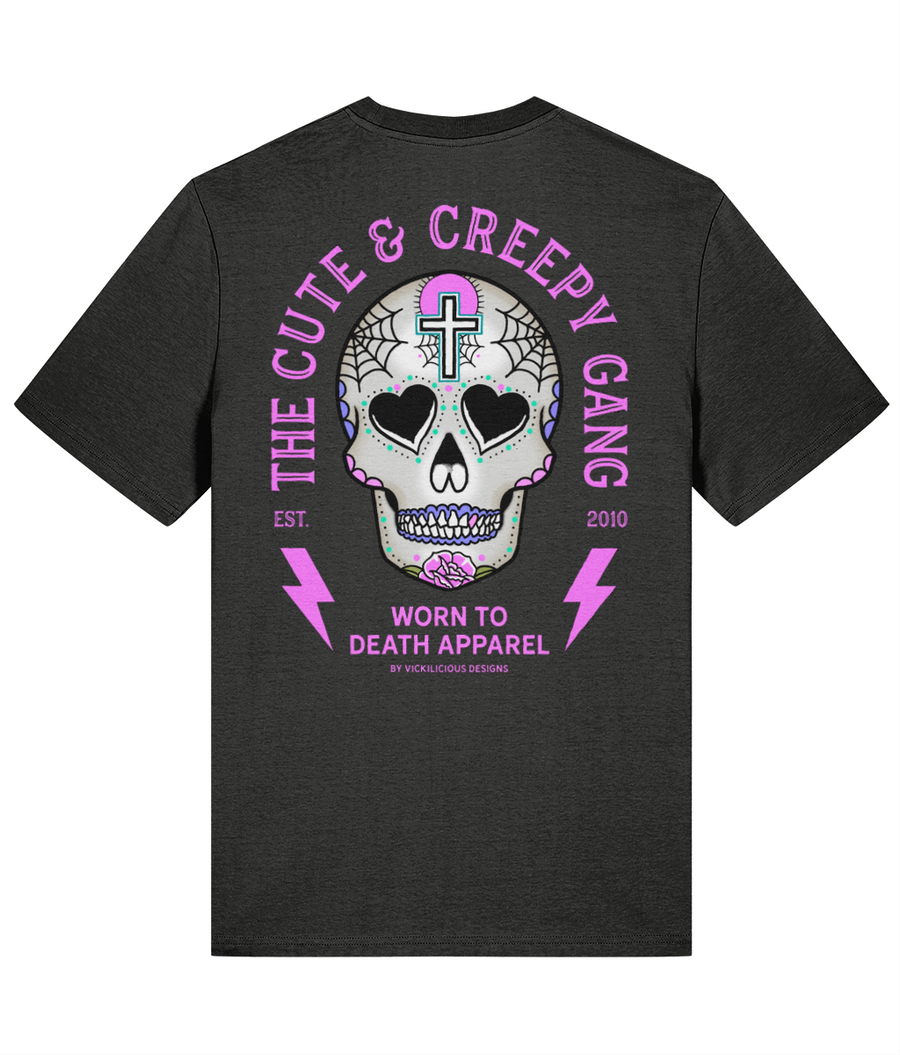 Cute & Creepy Gang | Dead Cute Sugar Skull Pink Cross & Rose | Back & front Print Grey T-shirt