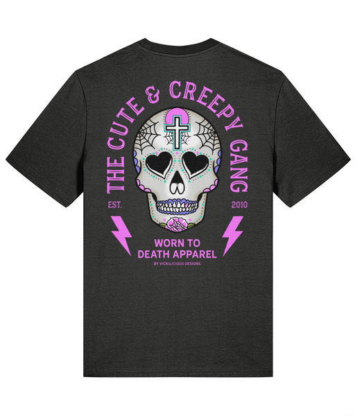 Cute & Creepy Gang | Dead Cute Sugar Skull Pink Cross & Rose | Back & front Print Grey T-shirt