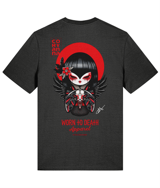 Corvanna Crow Moon Kokeshi Doll | Front & Back Print Grey T-shirt