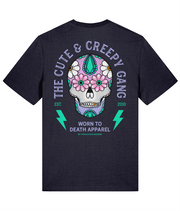 Dead Cute Sugar Skull | Daisy Eyes | Front & Back Print Navy T-shirt