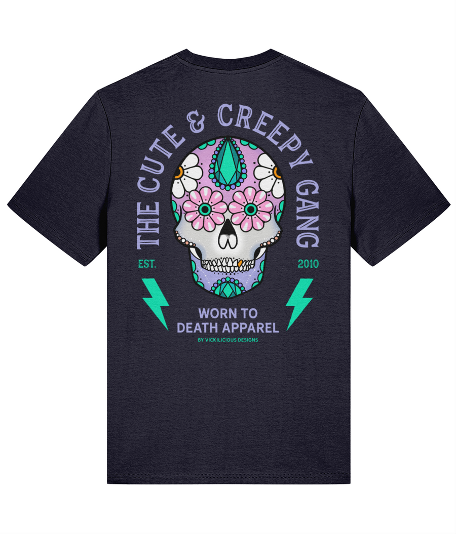 Dead Cute Sugar Skull | Daisy Eyes | Front & Back Print Navy T-shirt