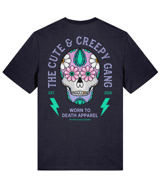 Dead Cute Sugar Skull | Daisy Eyes | Front & Back Print Navy T-shirt