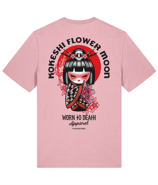Kokeshi Flower Moon | Front & Back Print Pink T-shirt