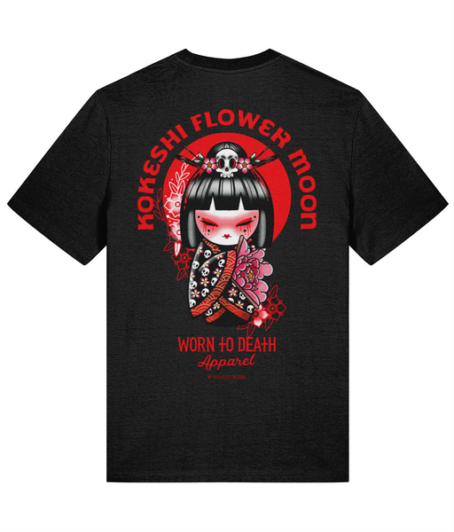 Kokeshi Flower Moon | Front & Back Print Black T-shirt